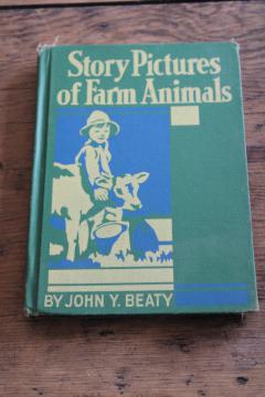 catalog photo of vintage school book, Farm Animals early reader black & white photos, green cloth cover