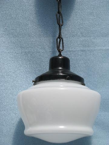 photo of vintage schoolhouse pendant light fixture, original hardware, glass shade #1