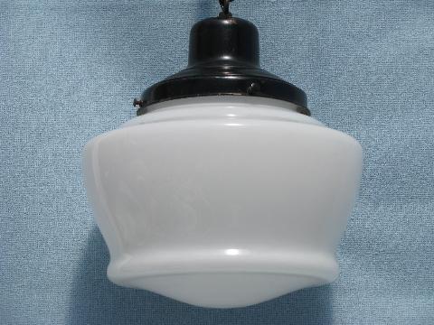 photo of vintage schoolhouse pendant light fixture, original hardware, glass shade #2