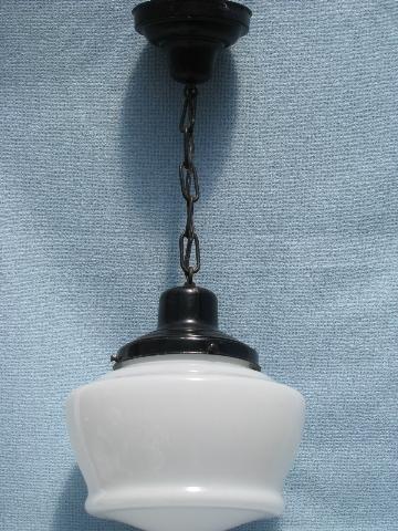 photo of vintage schoolhouse pendant light fixture, original hardware, glass shade #3