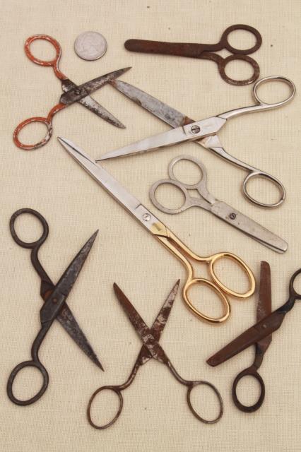 photo of vintage scissors lot, collection all steel metal scissors, children's school scissors #1