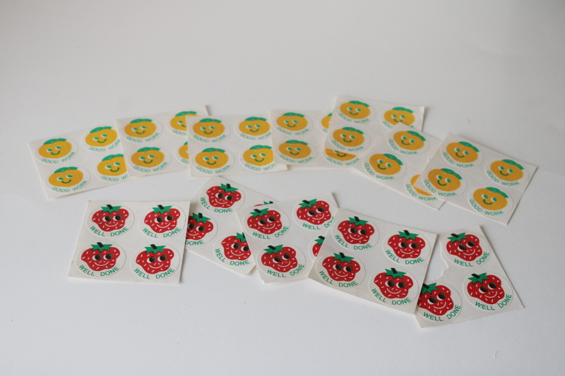 photo of vintage scratch & sniff fruit scented stickers, peach & strawberry good work reward  #1