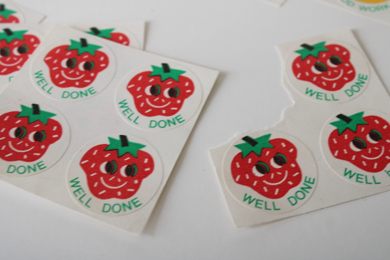 photo of vintage scratch & sniff fruit scented stickers, peach & strawberry good work reward #2
