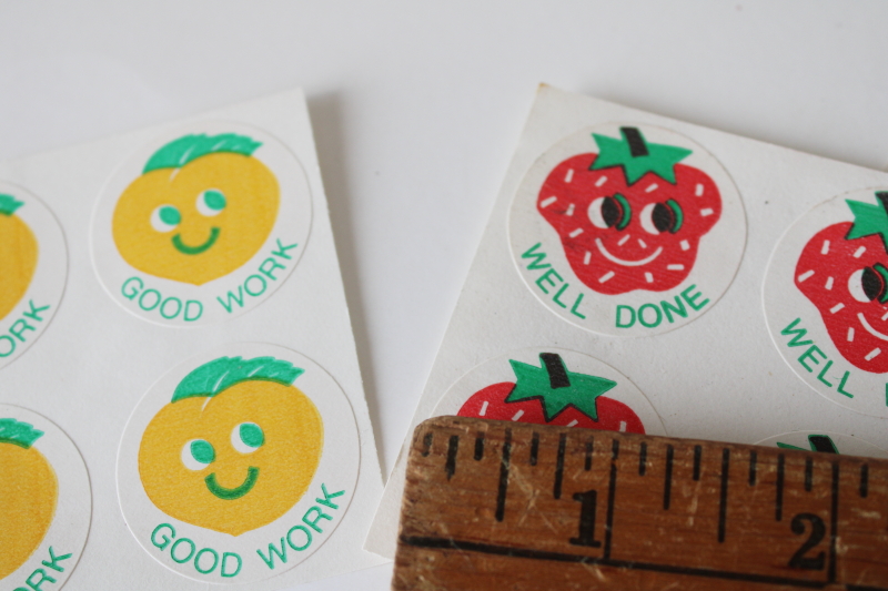 photo of vintage scratch & sniff fruit scented stickers, peach & strawberry good work reward #4