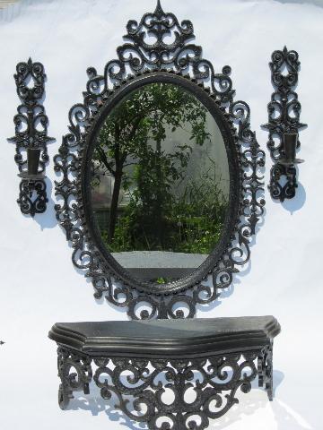 photo of vintage scrollwork framed mirror, wall shelf, candle sconce brackets #1