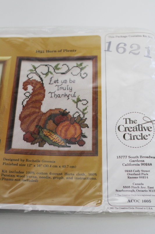 photo of vintage sealed counted cross stitch kit, Horn of Plenty Let Us Be Thankful wool embroidery yarn #1