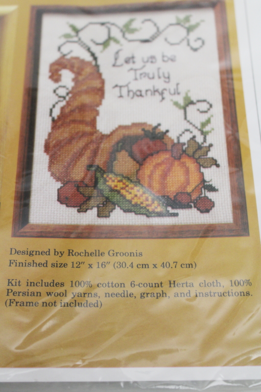 photo of vintage sealed counted cross stitch kit, Horn of Plenty Let Us Be Thankful wool embroidery yarn #2