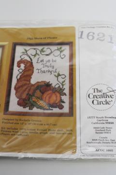 vintage sealed counted cross stitch kit, Horn of Plenty Let Us Be Thankful wool embroidery yarn