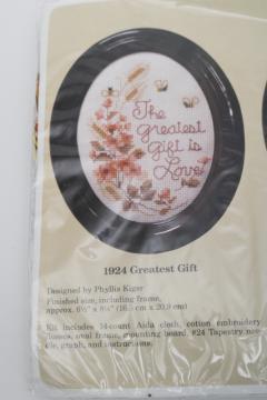 catalog photo of vintage sealed embroidery kit w/ frame counted cross stitch The Greatest Gift Is Love