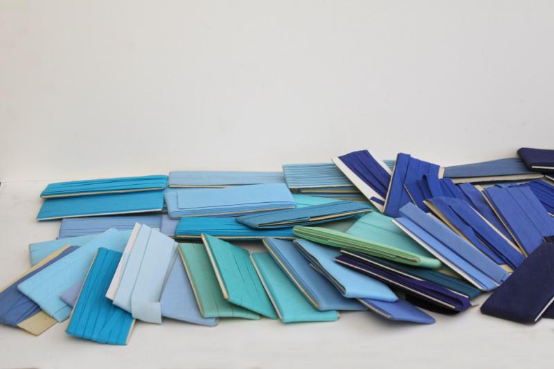 photo of vintage seam tape lot, aqua sky blue navy cotton & blend bias binding for sewing projects #3