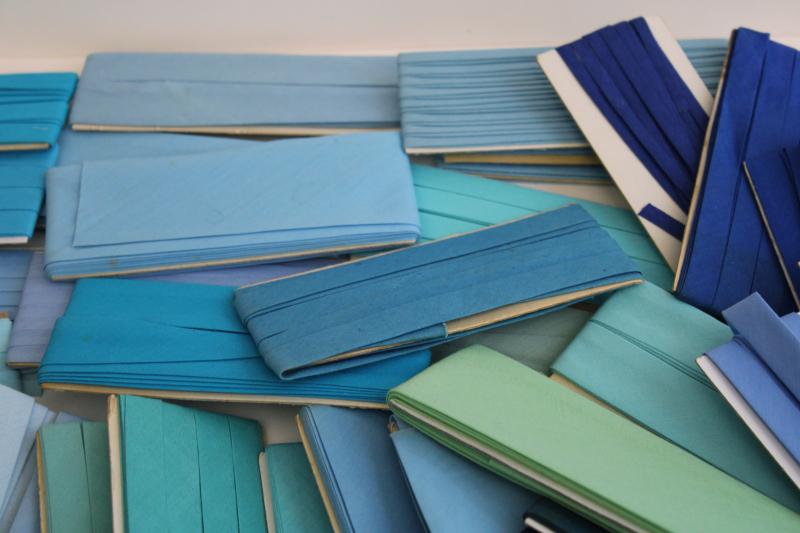 photo of vintage seam tape lot, aqua sky blue navy cotton & blend bias binding for sewing projects #8