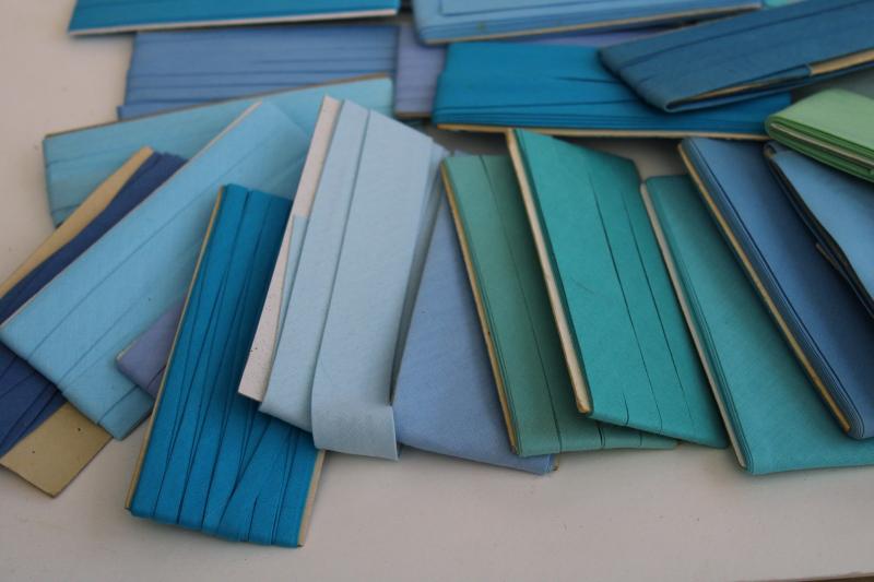 photo of vintage seam tape lot, aqua sky blue navy cotton & blend bias binding for sewing projects #9