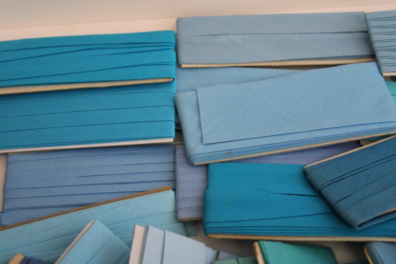 photo of vintage seam tape lot, aqua sky blue navy cotton & blend bias binding for sewing projects #10