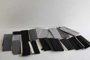 catalog photo of vintage seam tape lot, shades of grey & black cotton & blend bias binding for sewing projects