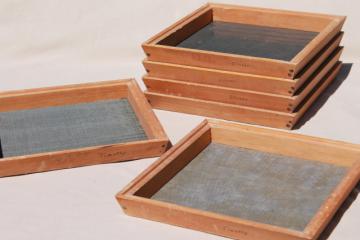 catalog photo of vintage seed cleaning screens, stacking wood & metal sieves for separating seeds