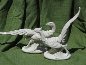 catalog photo of vintage semi-matte white pottery pheasant figures, large sculptural birds