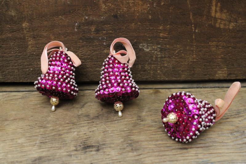 photo of vintage sequined bells handmade tree ornaments, retro magenta pink Christmas! #1