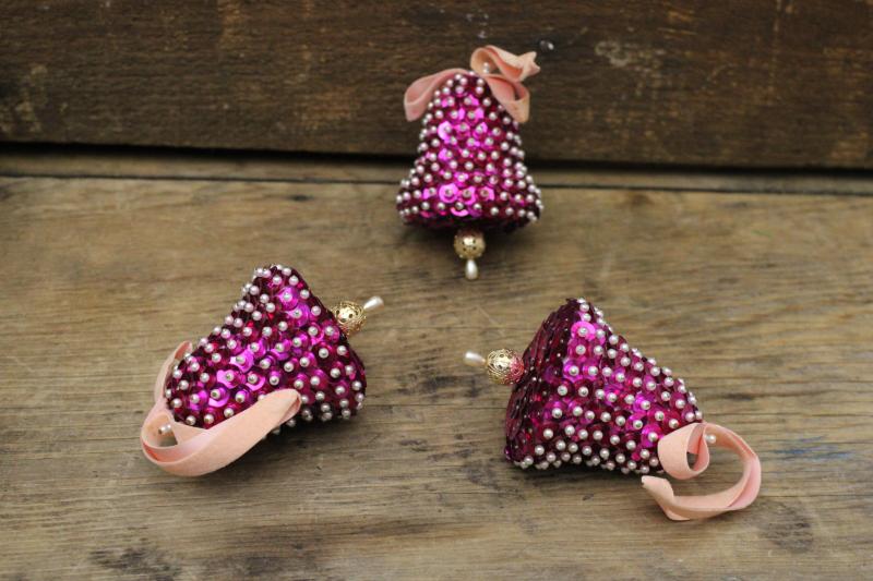 photo of vintage sequined bells handmade tree ornaments, retro magenta pink Christmas! #2