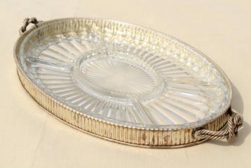 catalog photo of vintage serving tray w/ glass relish plate, silver plated solid brass w/ knot handles