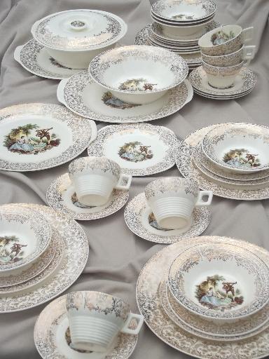 photo of vintage set American Limoges china d'oro, gold lace border w/ french scene #4