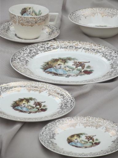 photo of vintage set American Limoges china d'oro, gold lace border w/ french scene #6