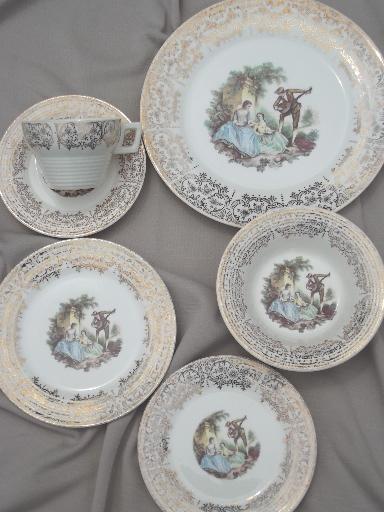 photo of vintage set American Limoges china d'oro, gold lace border w/ french scene #7