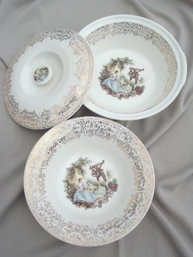 photo of vintage set American Limoges china d'oro, gold lace border w/ french scene #8