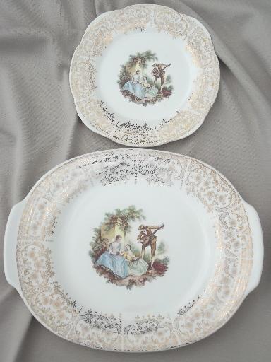 photo of vintage set American Limoges china d'oro, gold lace border w/ french scene #11