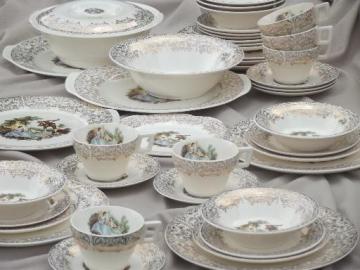 catalog photo of vintage set American Limoges china d'oro, gold lace border w/ french scene