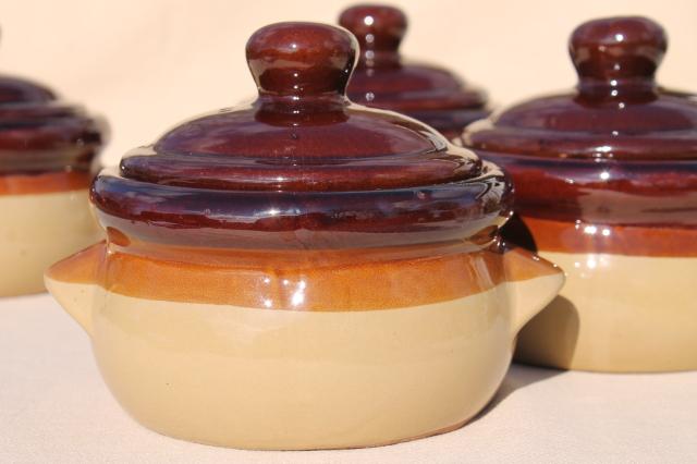 photo of vintage set individual casseroles or covered bowls, brown band stoneware made in Japan #2