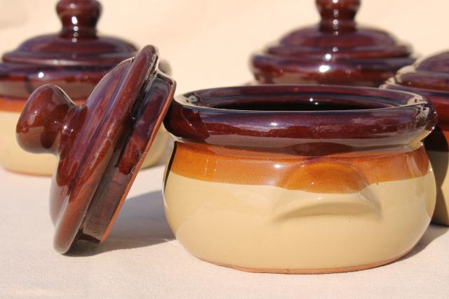 photo of vintage set individual casseroles or covered bowls, brown band stoneware made in Japan #3