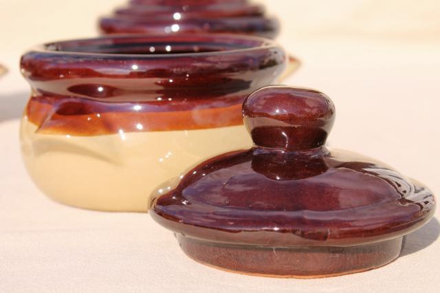 photo of vintage set individual casseroles or covered bowls, brown band stoneware made in Japan #6