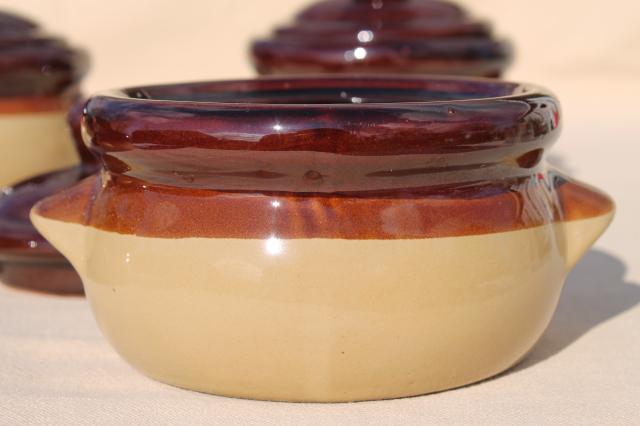 photo of vintage set individual casseroles or covered bowls, brown band stoneware made in Japan #7