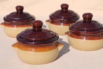 catalog photo of vintage set individual casseroles or covered bowls, brown band stoneware made in Japan