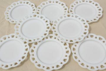 catalog photo of vintage set lace edge milk glass salad or dessert plates, open work border for ribbon