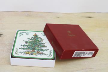 catalog photo of vintage set of Spode Christmas tree pattern cork backed coaster in original box 