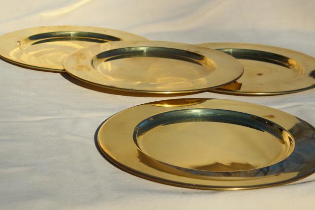 photo of vintage set of four gold charger plates, very heavy solid brass chargers #2