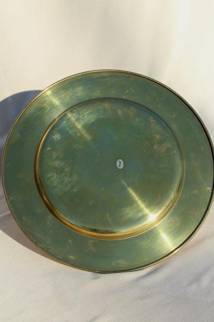 photo of vintage set of four gold charger plates, very heavy solid brass chargers #6