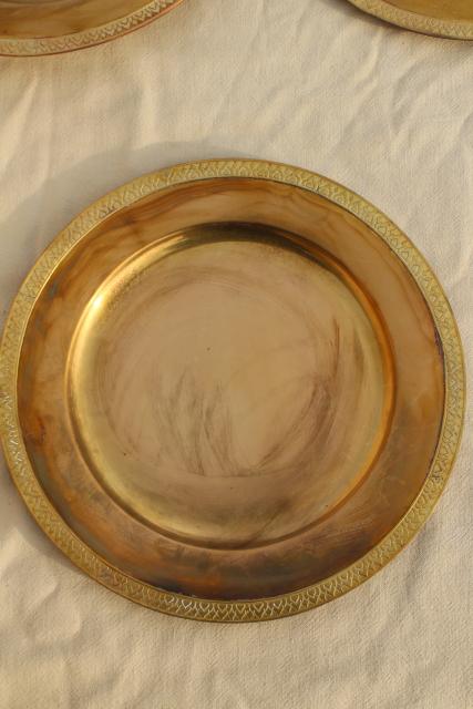 photo of vintage set of four gold charger plates, very heavy solid brass chargers #4