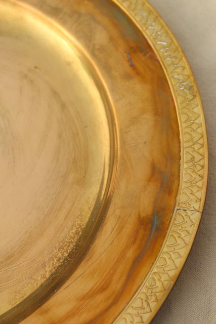 photo of vintage set of four gold charger plates, very heavy solid brass chargers #8