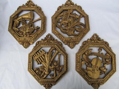 photo of vintage set ornate gold wall plaques, antique musical instruments #1