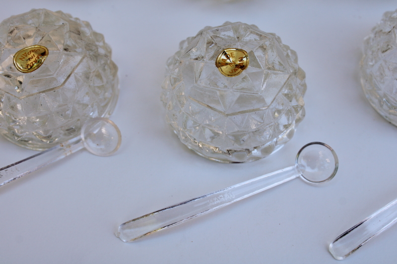 photo of vintage set pressed glass salt cellars, glass salts salt dip dishes w/ tiny plastic spoons  #2