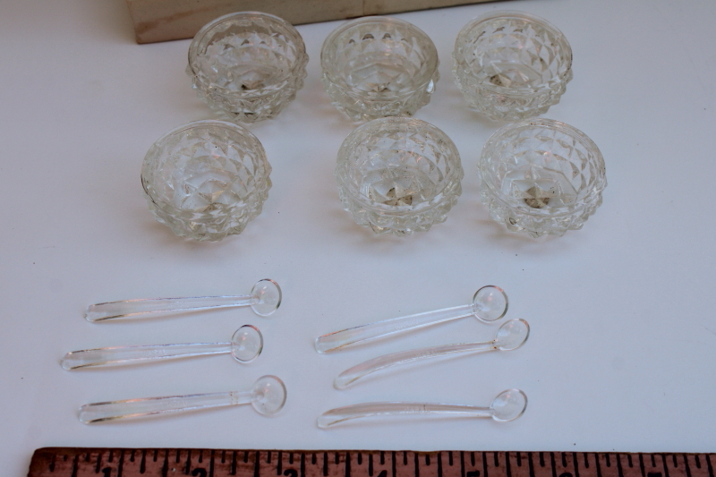 photo of vintage set pressed glass salt cellars, glass salts salt dip dishes w/ tiny plastic spoons  #3