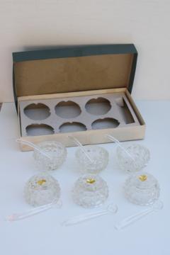 catalog photo of vintage set pressed glass salt cellars, glass salts salt dip dishes w/ tiny plastic spoons 