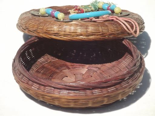 photo of vintage sewing basket w/ Chinese coins, beads, delphite blue glass ring handle #5