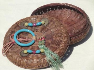 catalog photo of vintage sewing basket w/ Chinese coins, beads, delphite blue glass ring handle