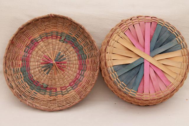 photo of vintage sewing basket, natural color twisted rope texture rush woven reed basket #5