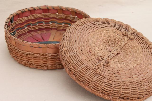 photo of vintage sewing basket, natural color twisted rope texture rush woven reed basket #8