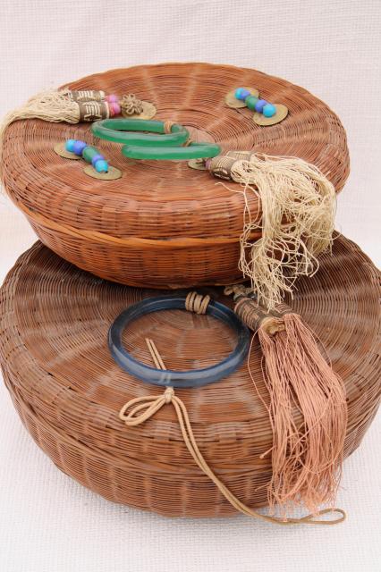 photo of vintage sewing baskets w/ Chinese coins, beads, glass rings - round nesting basket set #1