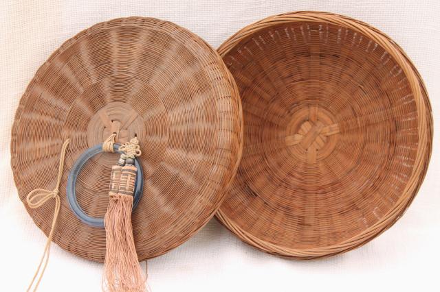 photo of vintage sewing baskets w/ Chinese coins, beads, glass rings - round nesting basket set #2